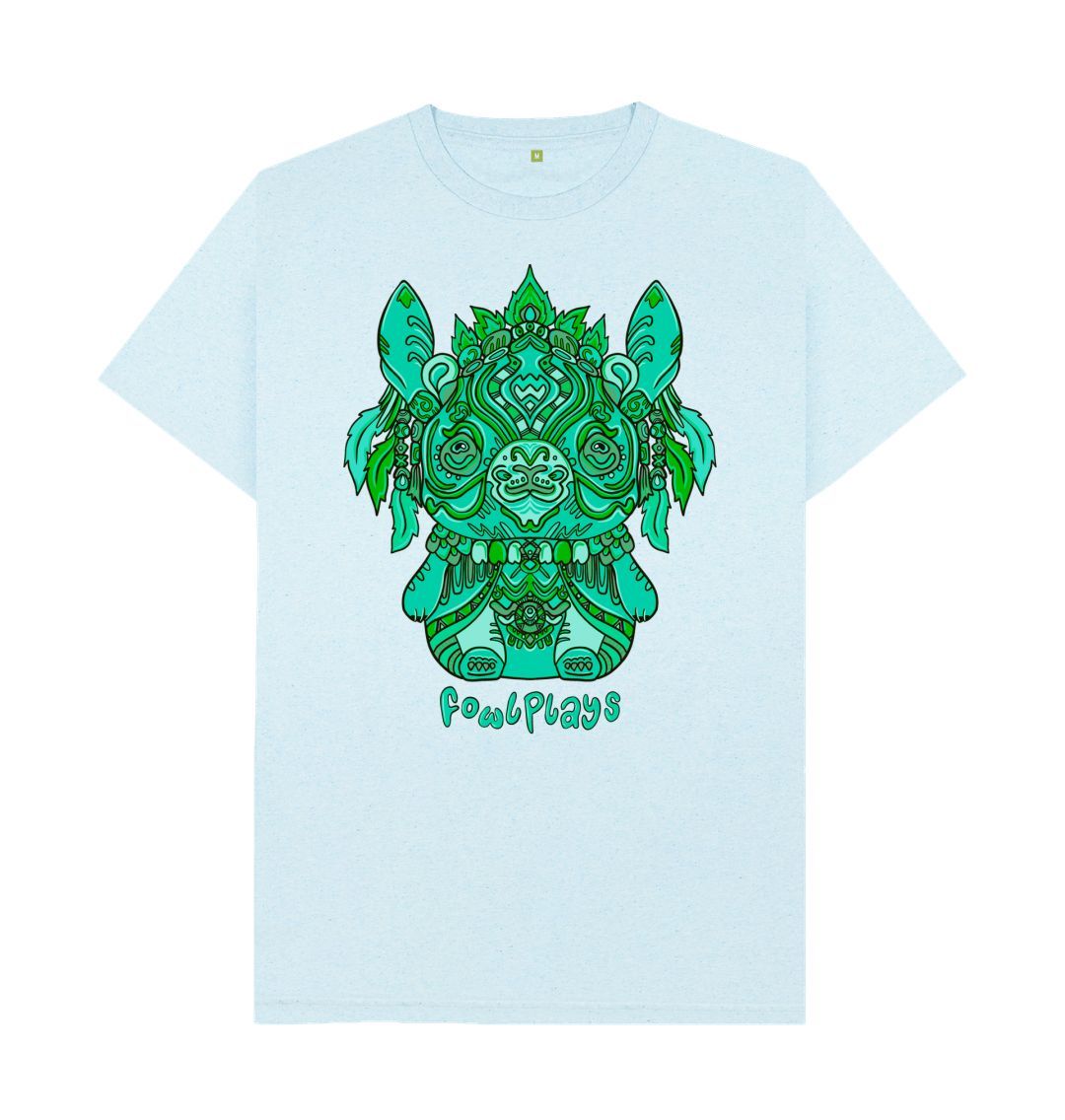 Organic Cotton Light Blue Recycled T-shirt featuring a Bunny Bear Forest Spirit by Fowl Plays - Sustainable Fashion and Art At Fowl Plays