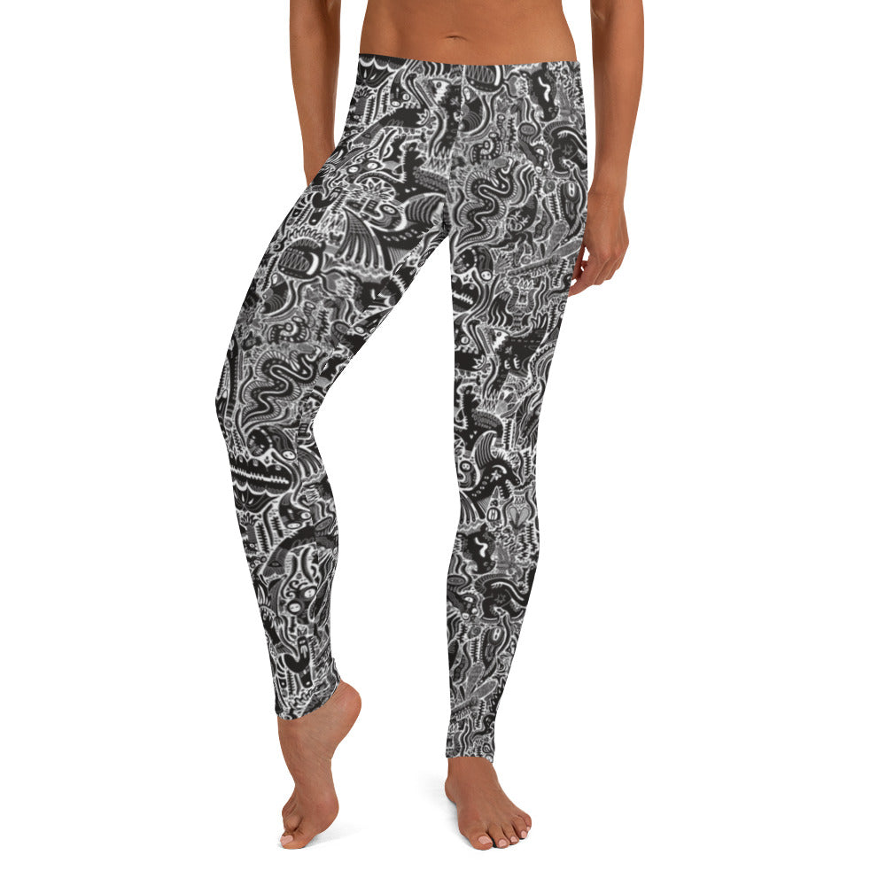 Black and white dinosaur print elasticated leggings – Monochrome Edition by Fowl Plays Print Emporium.