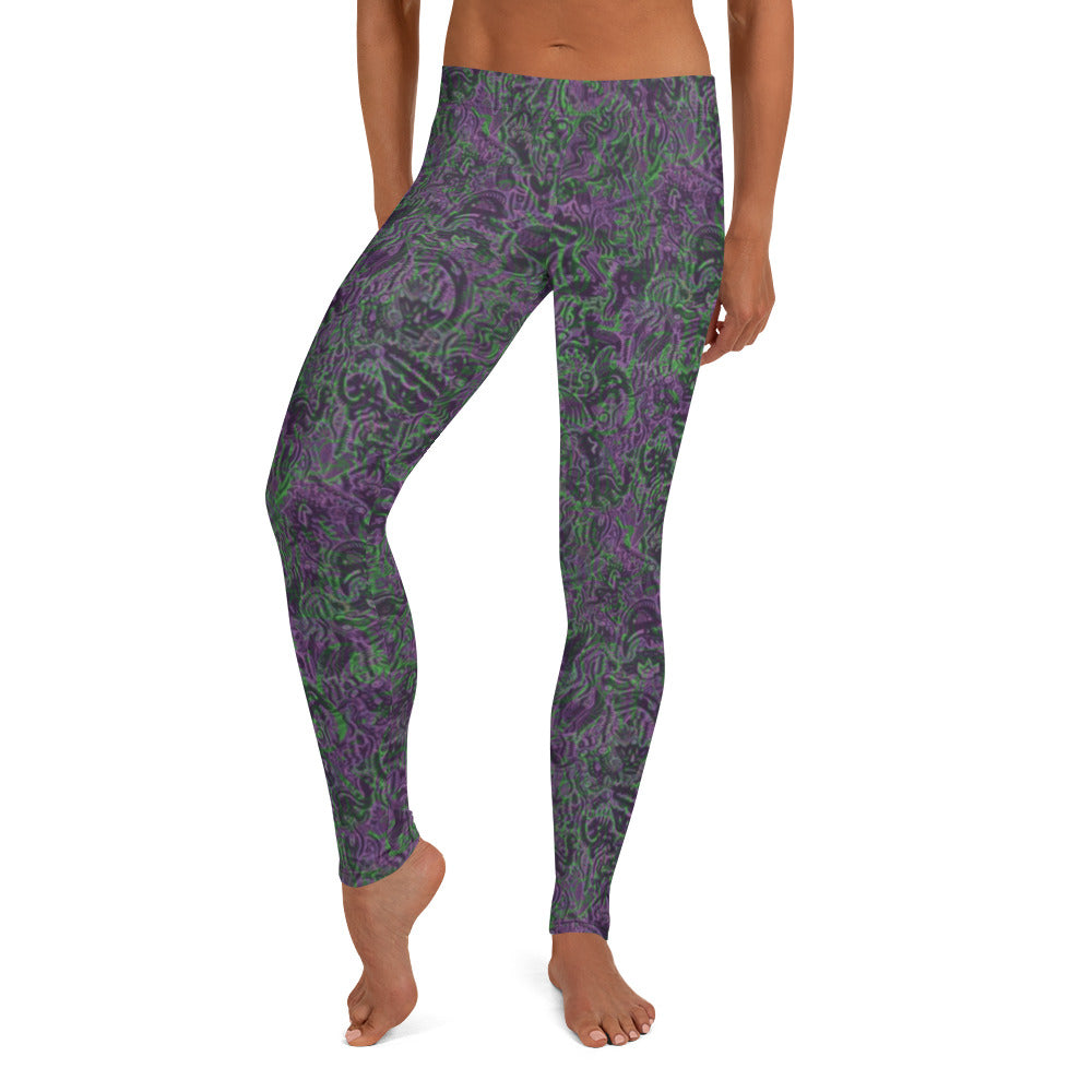 Purple and green dinosaur doodle leggings designed by Fowl Plays Print Emporium. elasticated waist.