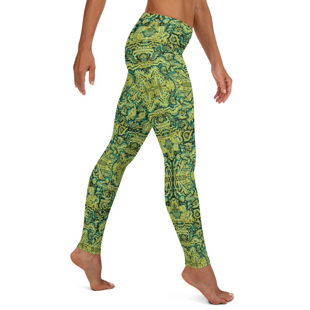 Green and lemon patterned elasticated leggings inspired by the 90s dance scene, designed by Fowl Plays Print Emporium.