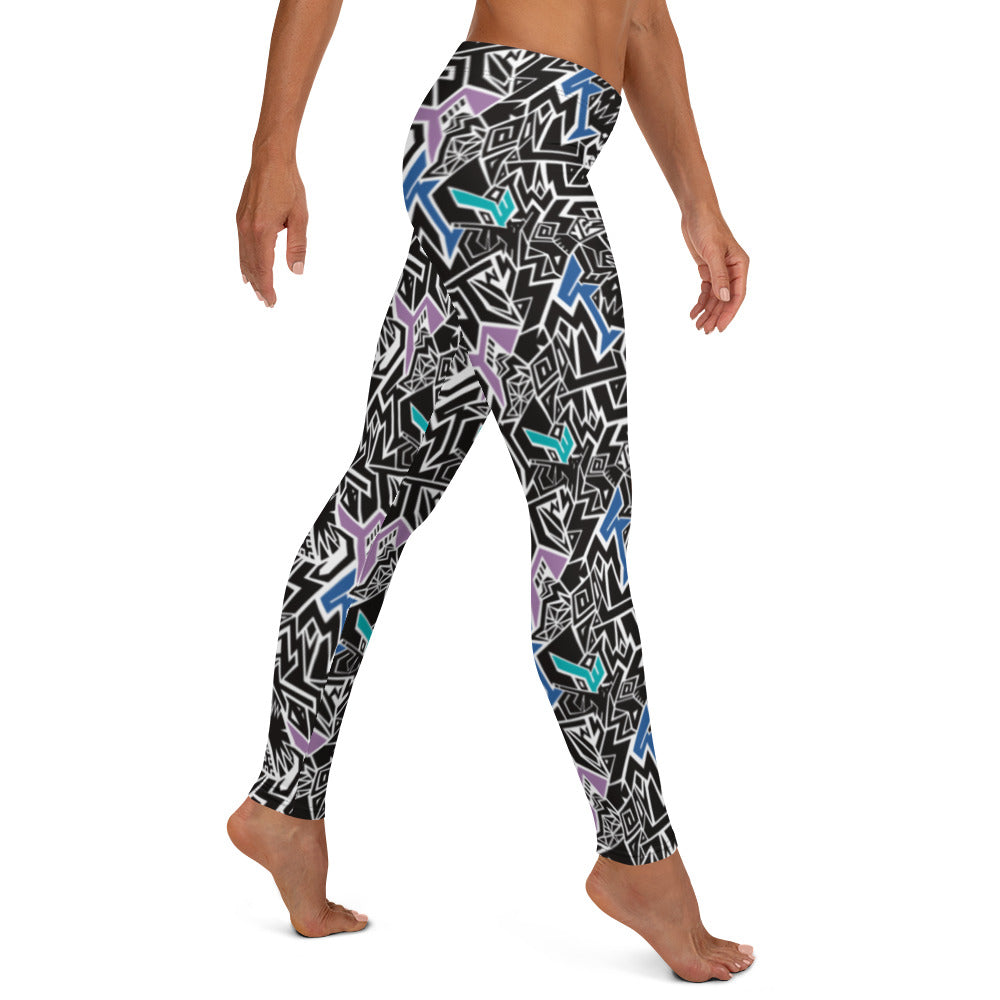 Model wearing Smile At Life leggings by Fowl Plays Print Emporium elasticated option