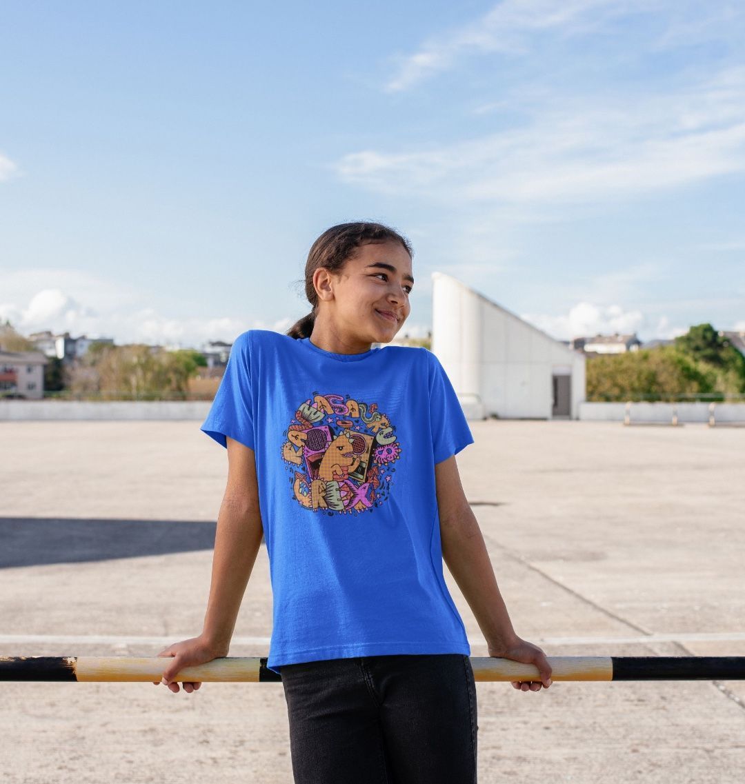 Organic Cotton Bright Blue Kids T-shirt featuring Raveasaurus Rex Orange by Fowl Plays - Sustainable Fashion and Art At Fowl Plays