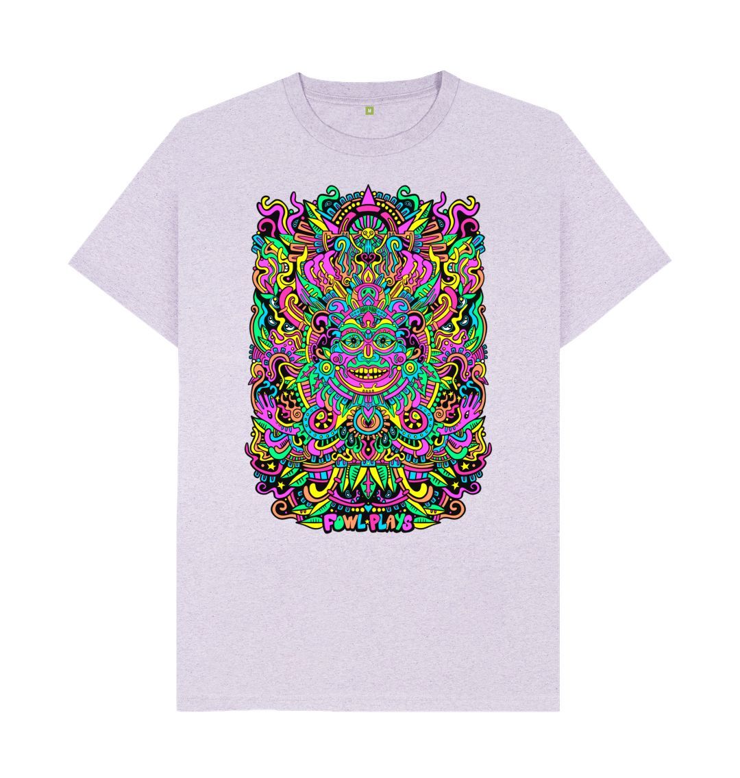 Organic Cotton Light Purple Recycled T-shirt featuring a Psychedelic Mask Bright Pastel Edition by Fowl Plays - Sustainable Fashion and Art At Fowl Plays