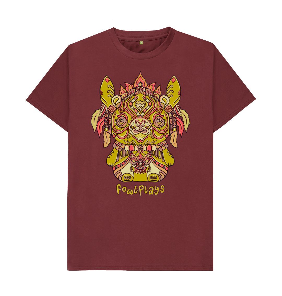 Organic Cotton Red Wine T-shirt featuring a Bunny Bear Forest Spirit by Fowl Plays - Sustainable Fashion and Art At Fowl Plays.