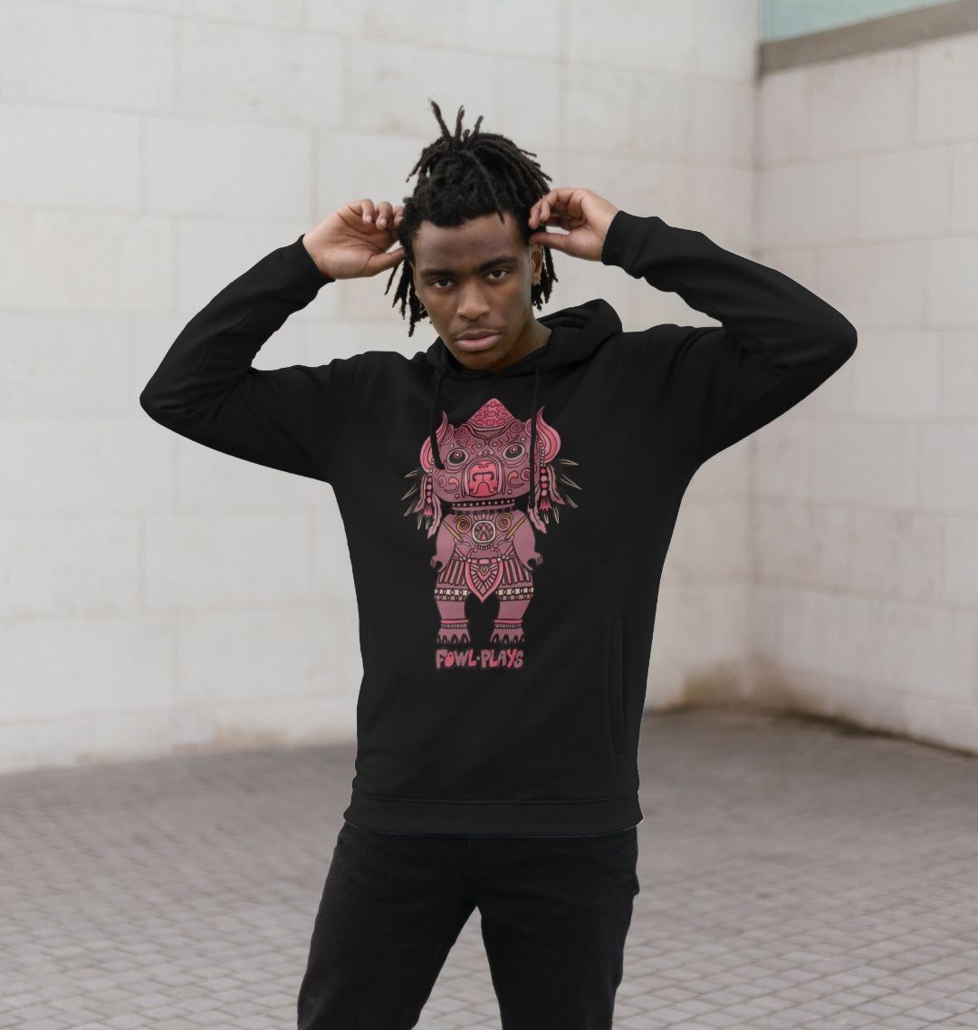 Organic Cotton Black Recycled Hoodie featuring Tribal Pig Statue by Fowl Plays - Sustainable Fashion and Art At Fowl Plays.