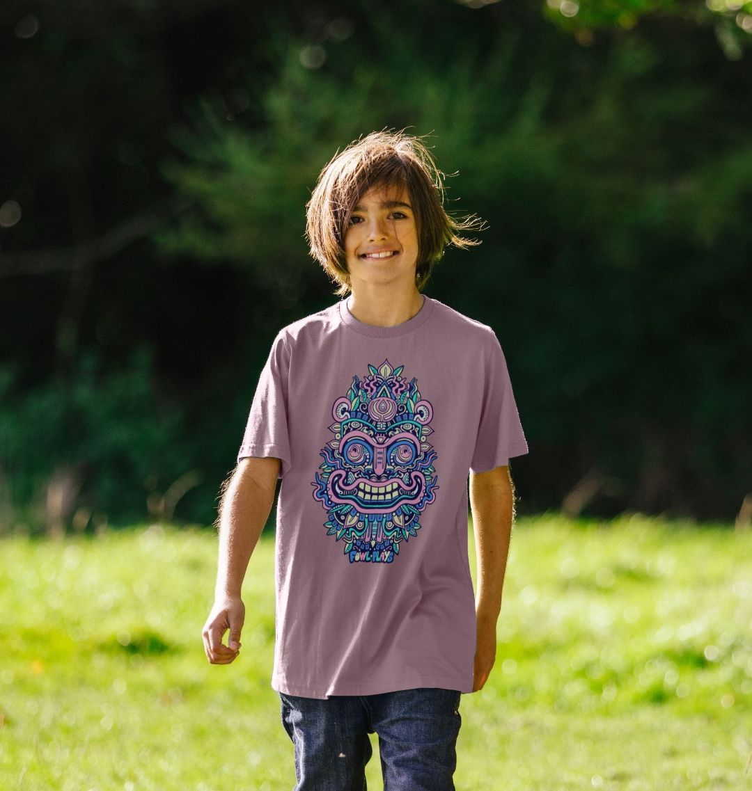 Organic Cotton Mauve Kids T-shirt featuring Smiling Mask Pastel by Fowl Plays - Sustainable Fashion and Art At Fowl Plays