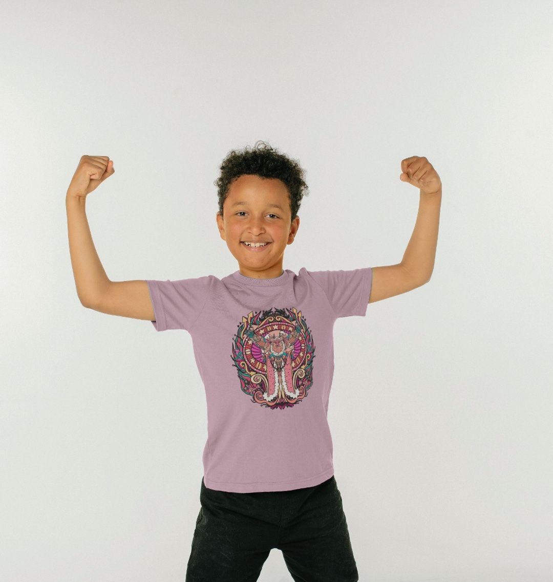 Flying Fire Lion by Fowl Plays on Kids Mauve Organic Cotton Unisex T-shirt Sustainable Fashion and Art At Fowl Plays