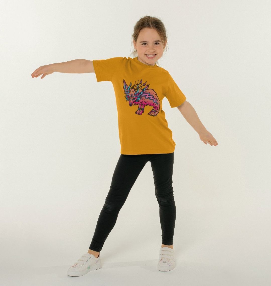 Organic Cotton Mustard Kids T-shirt featuring a fantasy Fennec Fox by Fowl Plays - Sustainable Fashion and Art At Fowl Plays