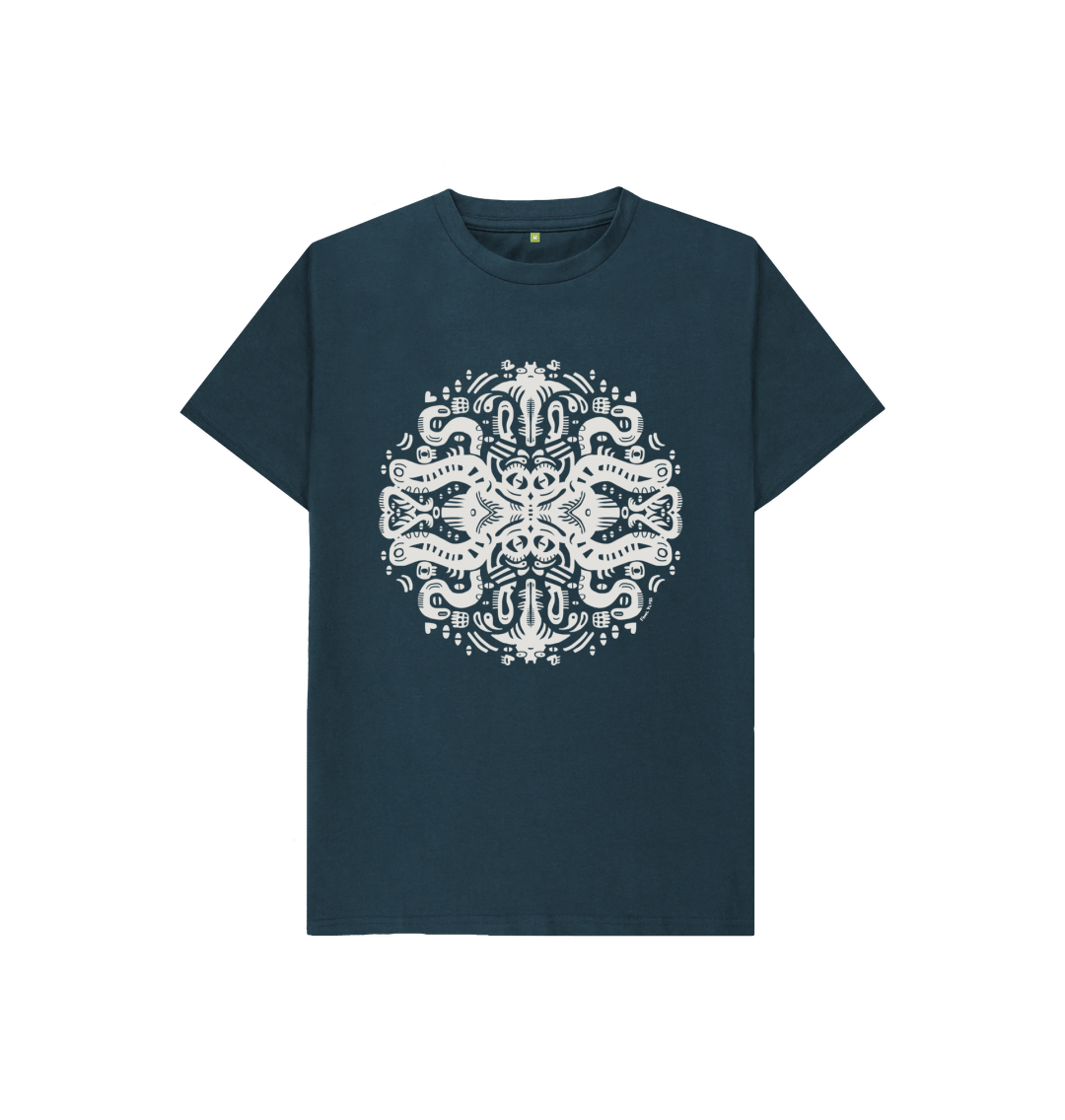 Organic Cotton Denim Blue Kids T-shirt featuring Squid Games White by Fowl Plays - Sustainable Fashion and Art At Fowl Plays