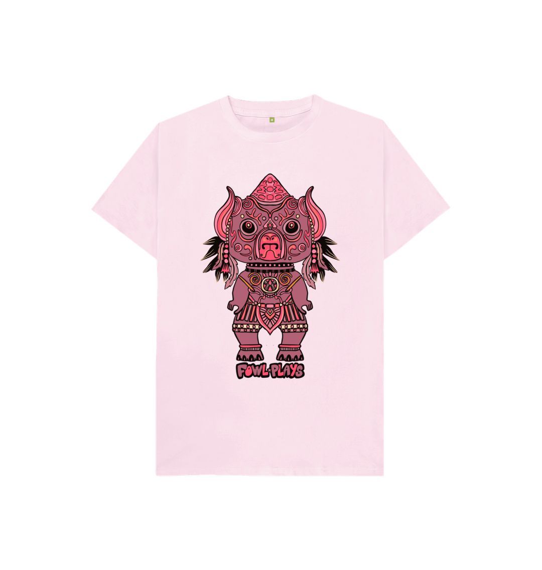 Organic Cotton Pink Kids T-shirt featuring Tribal Pig Statue by Fowl Plays - Sustainable Fashion and Art At Fowl Plays