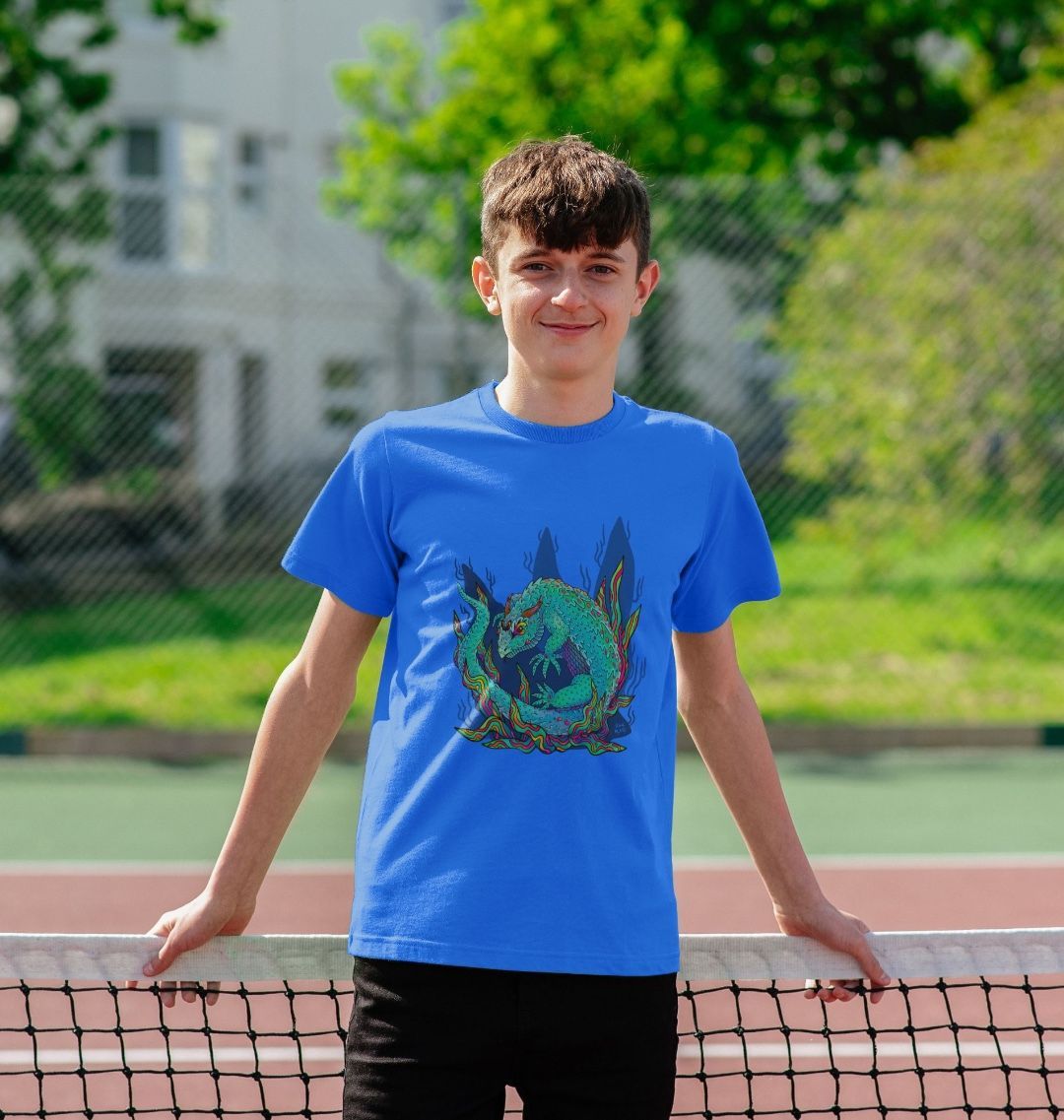 Organic Cotton Kids Bright Blue T-shirt featuring an Armadillo Lizard by Fowl Plays - Sustainable Fashion and Art At Fowl Plays.