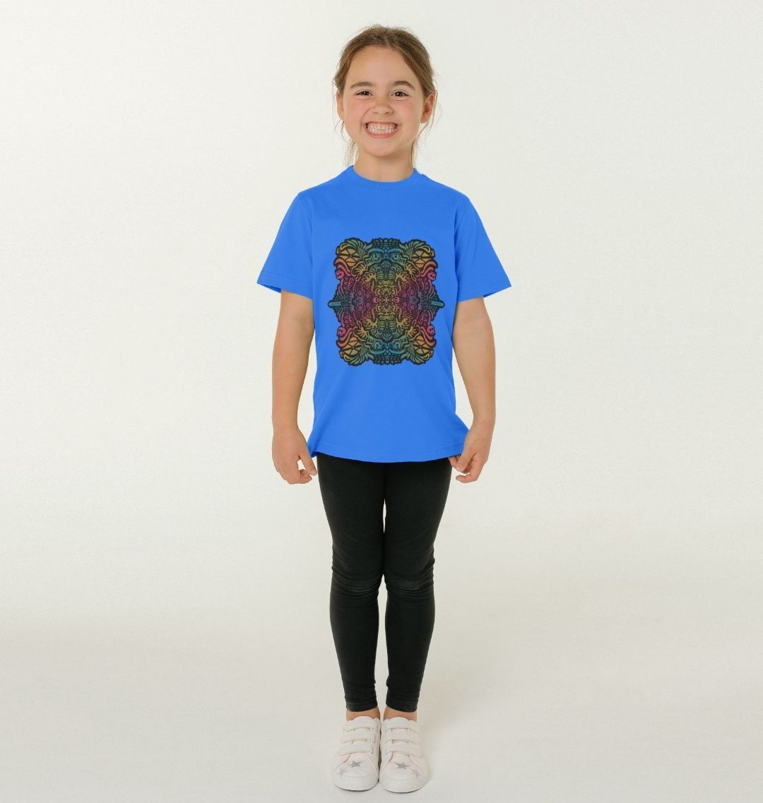 Organic Cotton Bright Blue Kids T-shirt featuring Pirate Plays Rainbow by Fowl Plays - Sustainable Fashion and Art At Fowl Plays