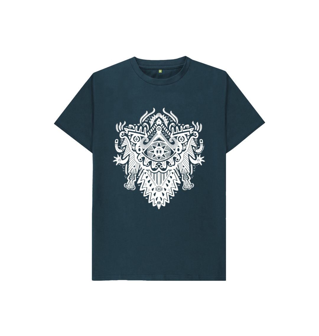 Organic Cotton Denim Blue Kids T-shirt featuring Witch Doctor White Print by Fowl Plays - Sustainable Fashion and Art At Fowl Plays