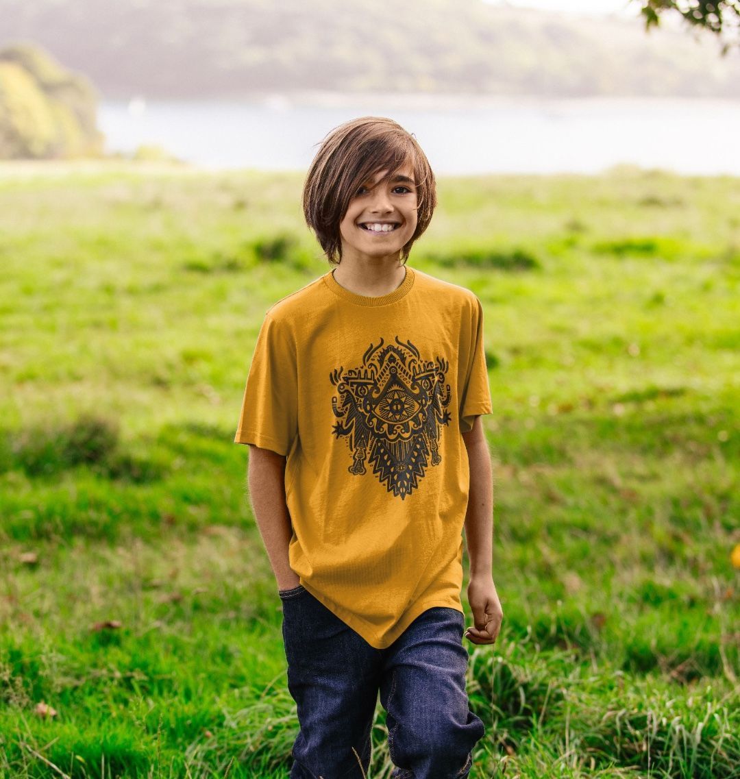 Organic Cotton Mustard Kids T-shirt featuring Witch Doctor by Fowl Plays - Sustainable Fashion and Art At Fowl Plays