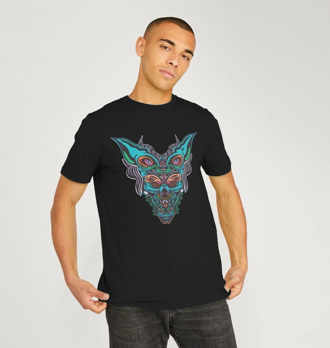 Organic Cotton Black T-shirt featuring Cyberpunk Dog Boy by Fowl Plays - Sustainable Fashion and Art At Fowl Plays