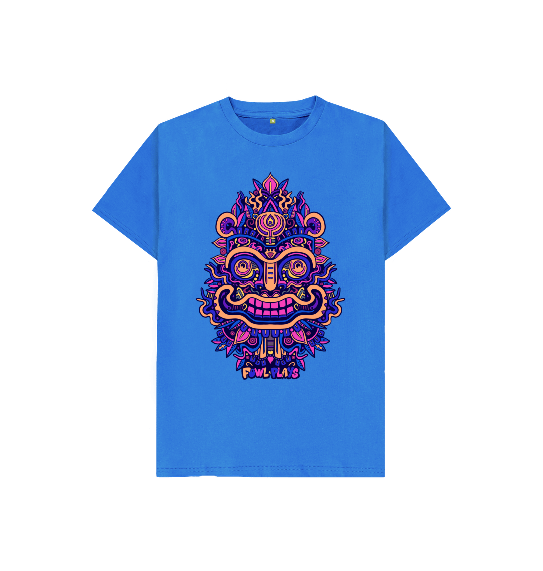 Organic Cotton Bright Blue Kids T-shirt featuring Smiling Mask Purple by Fowl Plays - Sustainable Fashion and Art At Fowl Plays