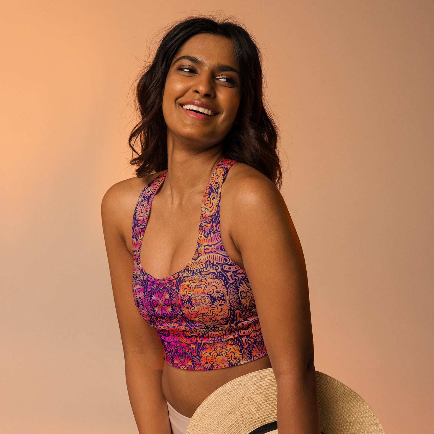 Pink, orange, and purple Ground Up crop top sports bra – Fowl Plays Print Emporium