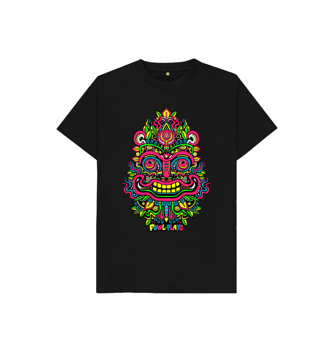 Organic Cotton Black Kids T-shirt featuring Smiling Mask Primary by Fowl Plays - Sustainable Fashion and Art At Fowl Plays