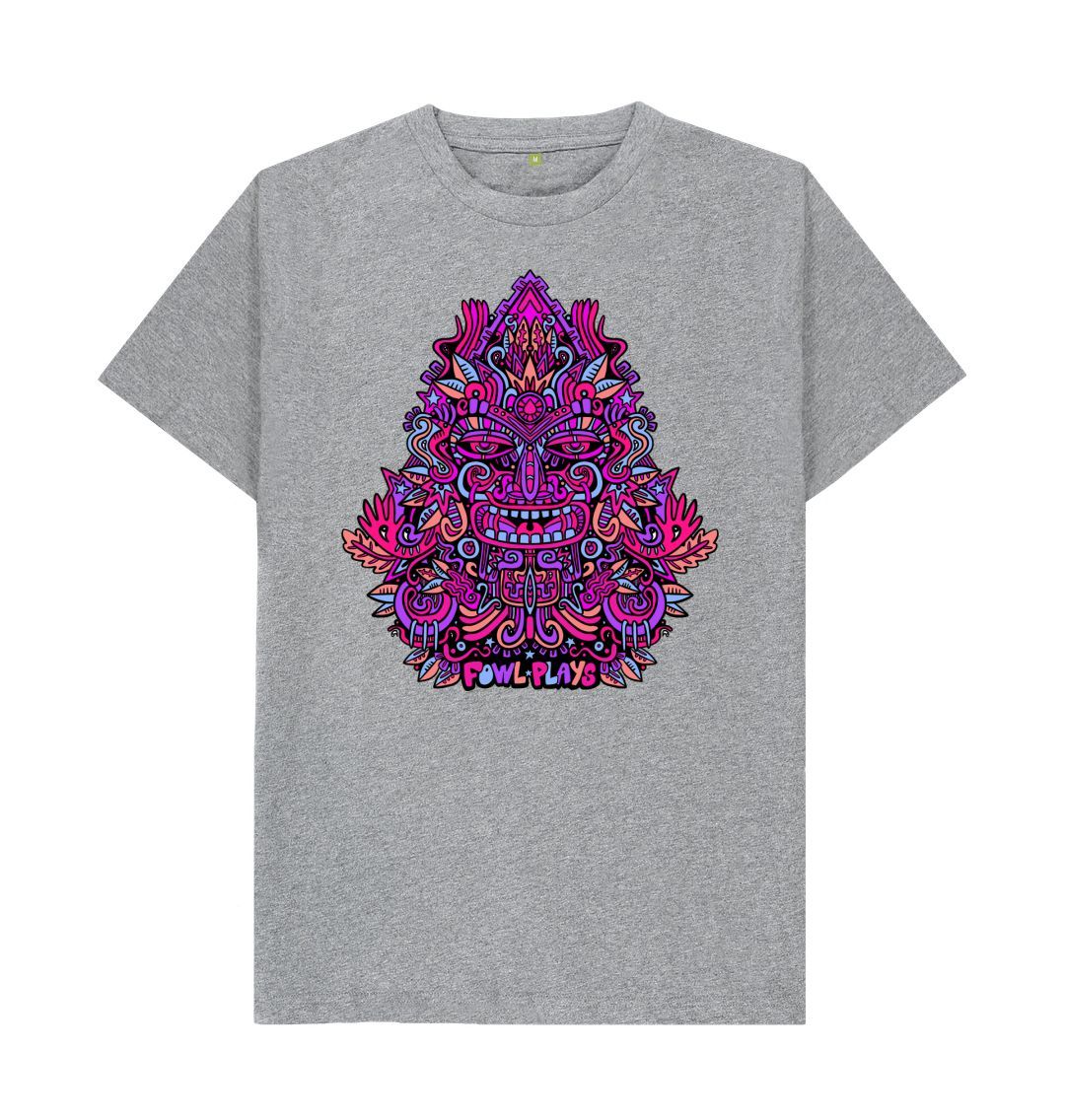 Organic Cotton Athletic Grey T-shirt featuring Triangular Mask Purple by Fowl Plays - Sustainable Fashion and Art At Fowl Plays