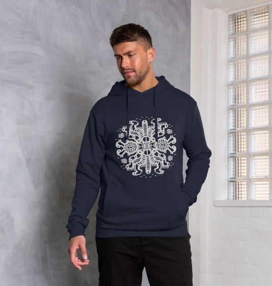 Organic Cotton Navy Blue Hoodie featuring Squidmates White Print by Fowl Plays - Sustainable Fashion and Art At Fowl Plays.