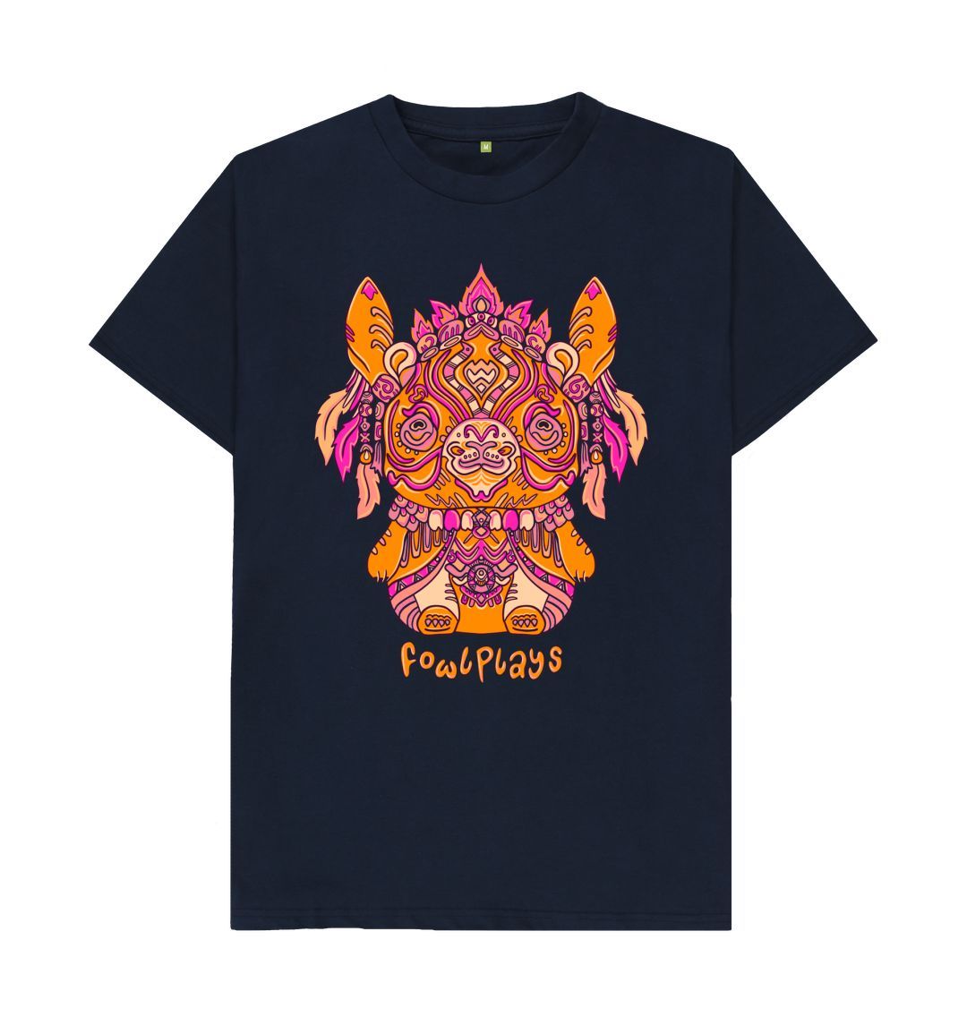 Organic Cotton Navy Blue T-shirt featuring a Bunny Bear Forest Spirit by Fowl Plays - Sustainable Fashion and Art At Fowl Plays