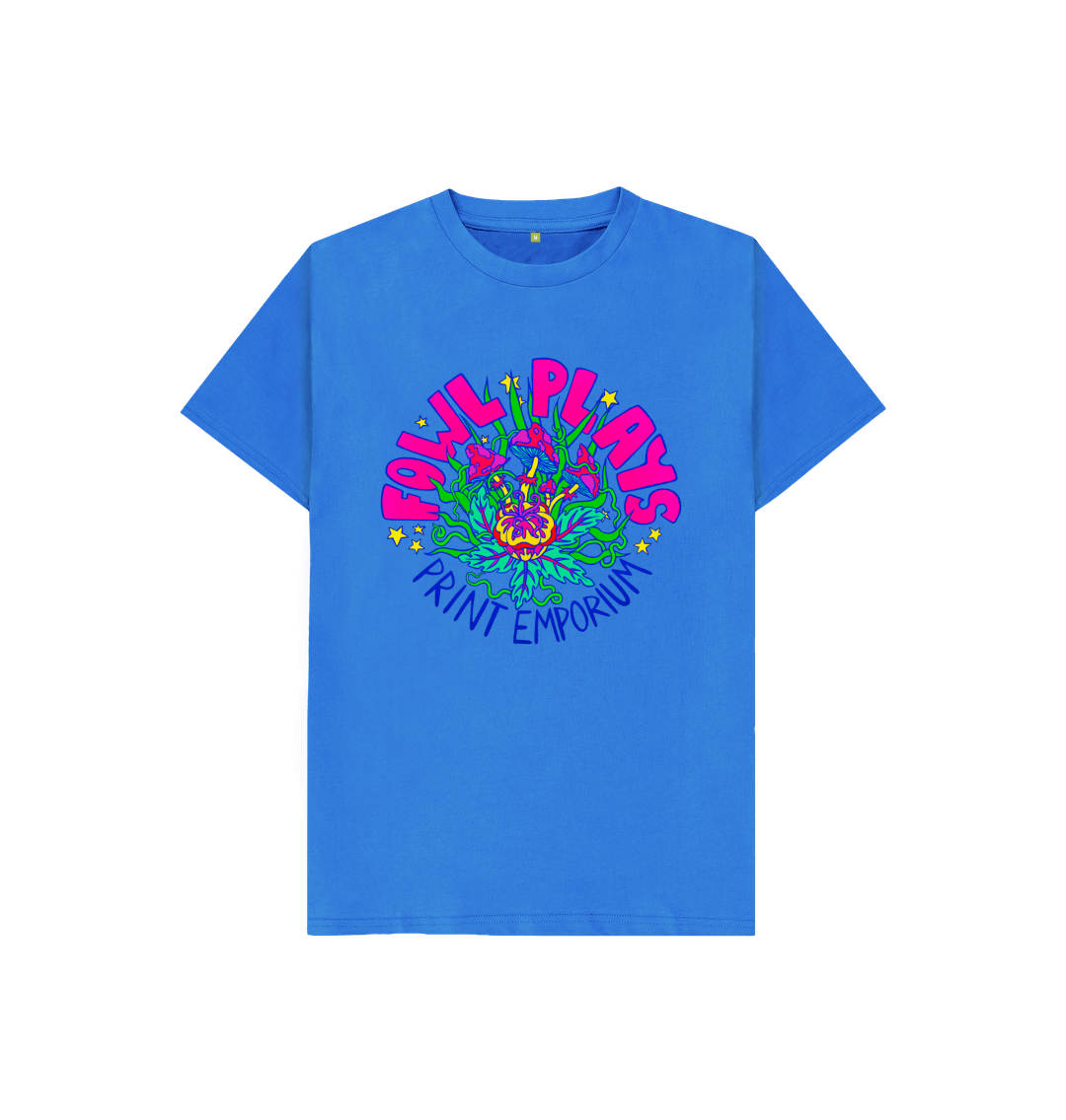 Fowl Plays Print Emporium Mushroom Delight by Fowl Plays on Bright Blue Kids Organic Cotton Unisex T-shirt Sustainable Fashion and Art At Fowl Plays