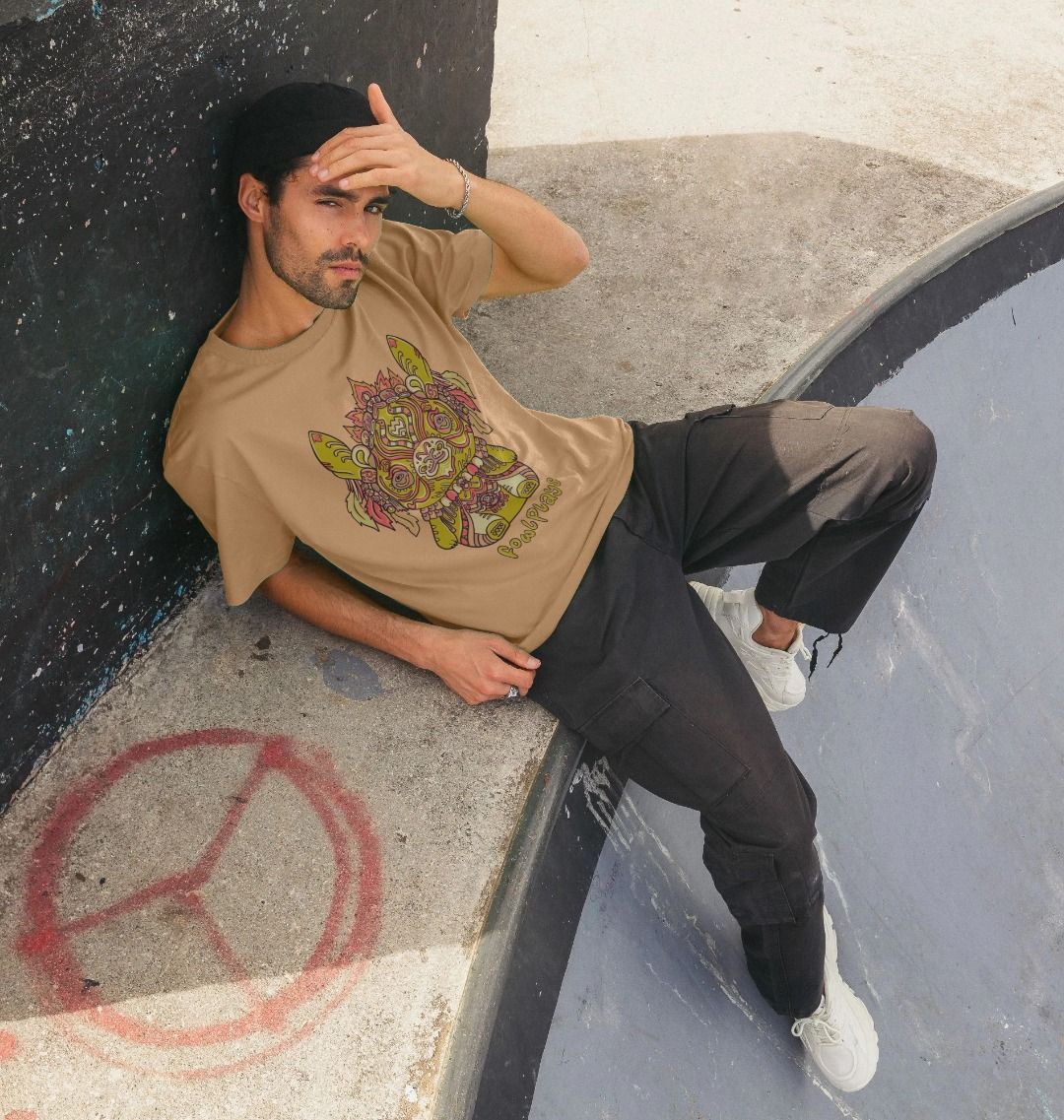 Organic Cotton Sand T-shirt featuring a Bunny Bear Forest Spirit by Fowl Plays - Sustainable Fashion and Art At Fowl Plays.