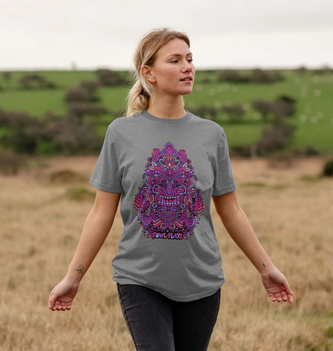 Organic Cotton Athletic Grey T-shirt featuring Triangular Mask Purple by Fowl Plays - Sustainable Fashion and Art At Fowl Plays