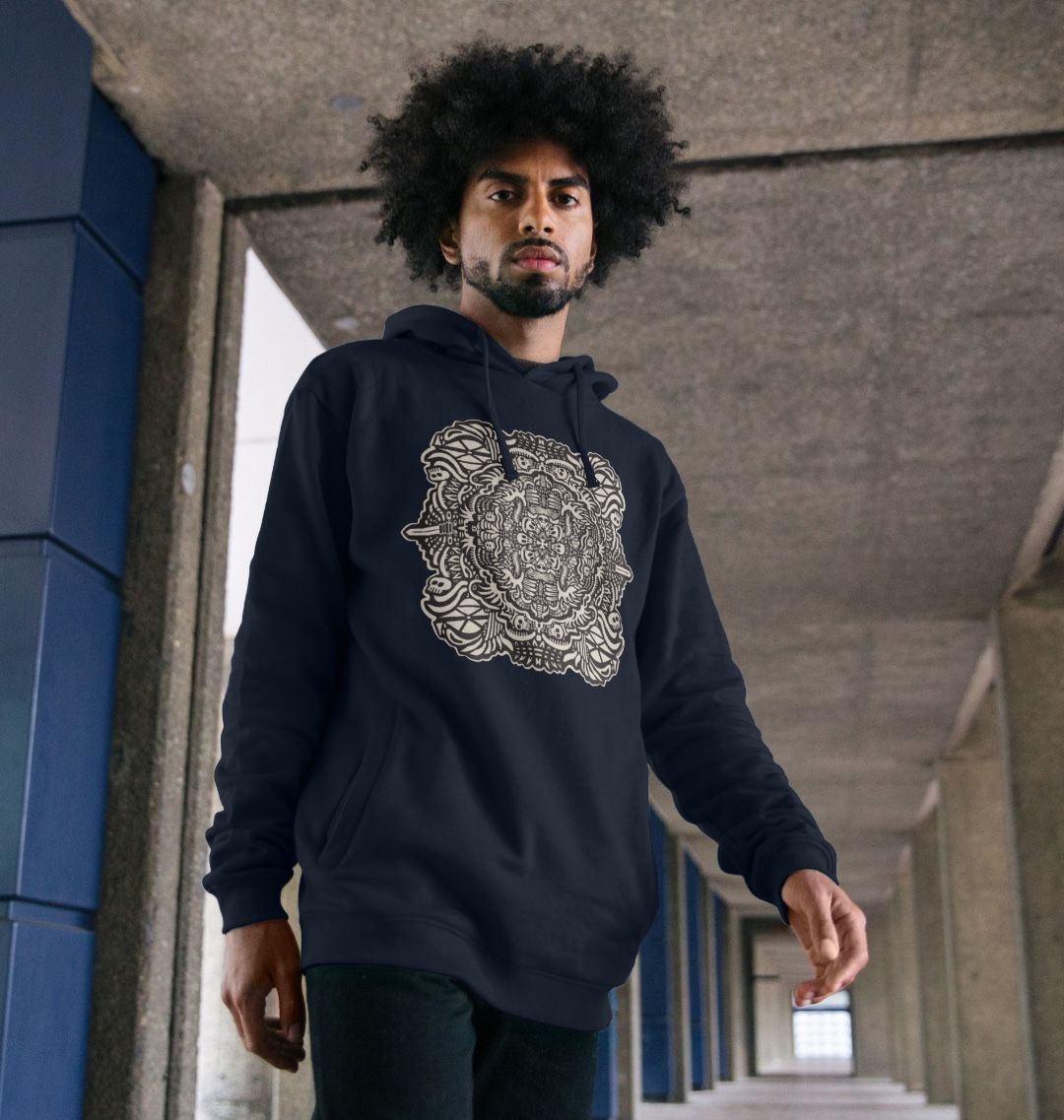 Organic Cotton Navy Blue Hoodie featuring Pirate Play Black and White by Fowl Plays - Sustainable Fashion and Art At Fowl Plays.