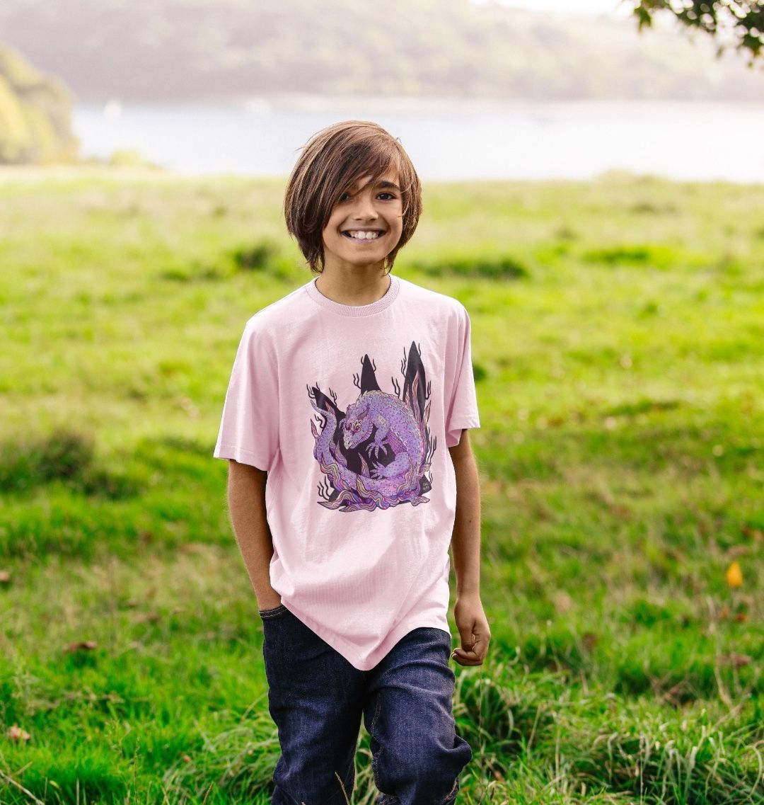 Organic Cotton Kids Pink T-shirt featuring an Armadillo Lizard by Fowl Plays - Sustainable Fashion and Art At Fowl Plays.