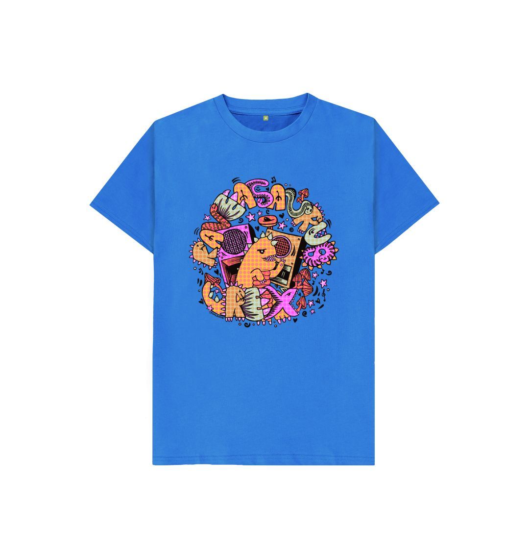 Organic Cotton Bright Blue Kids T-shirt featuring Raveasaurus Rex Orange by Fowl Plays - Sustainable Fashion and Art At Fowl Plays