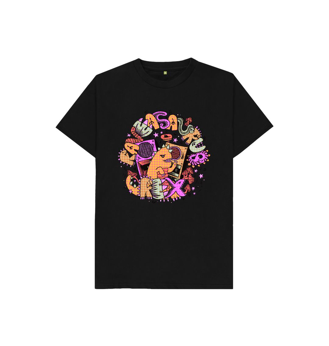 Organic Cotton Black Kids T-shirt featuring Raveasaurus Rex Orange by Fowl Plays - Sustainable Fashion and Art At Fowl Plays