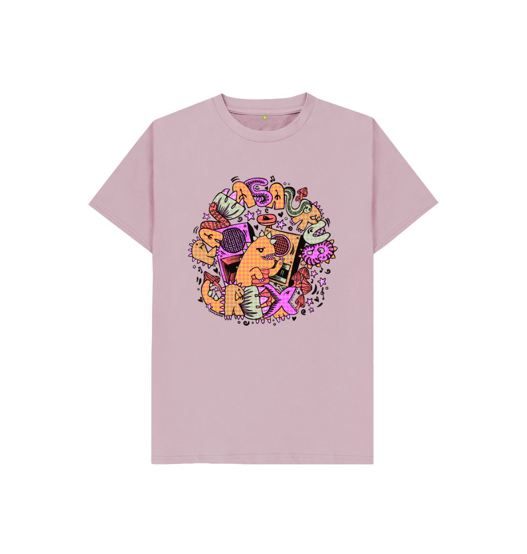 Organic Cotton Mauve Kids T-shirt featuring Raveasaurus Rex Orange by Fowl Plays - Sustainable Fashion and Art At Fowl Plays