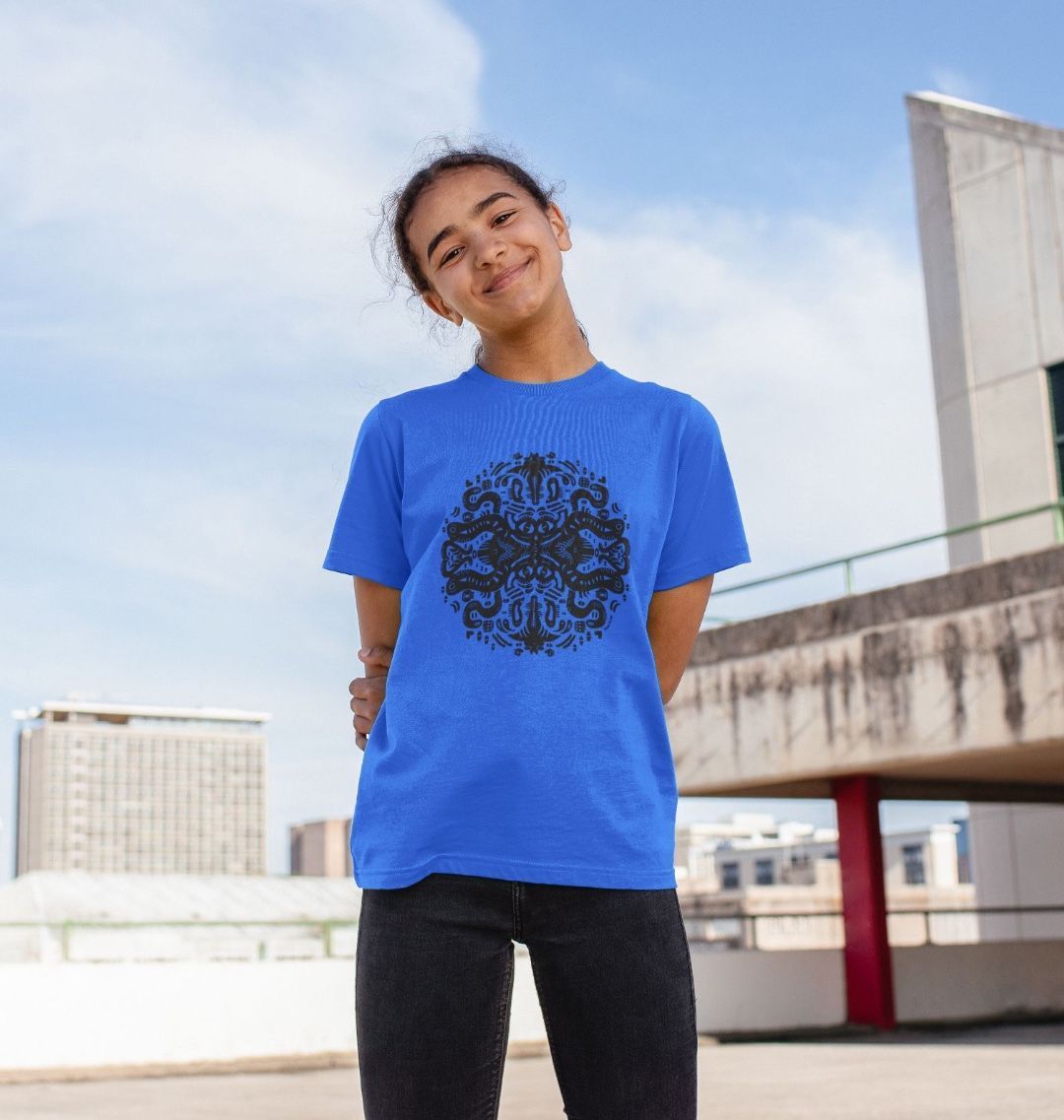 Organic Cotton Bright Blue Kids T-shirt featuring Squid Games by Fowl Plays - Sustainable Fashion and Art At Fowl Plays