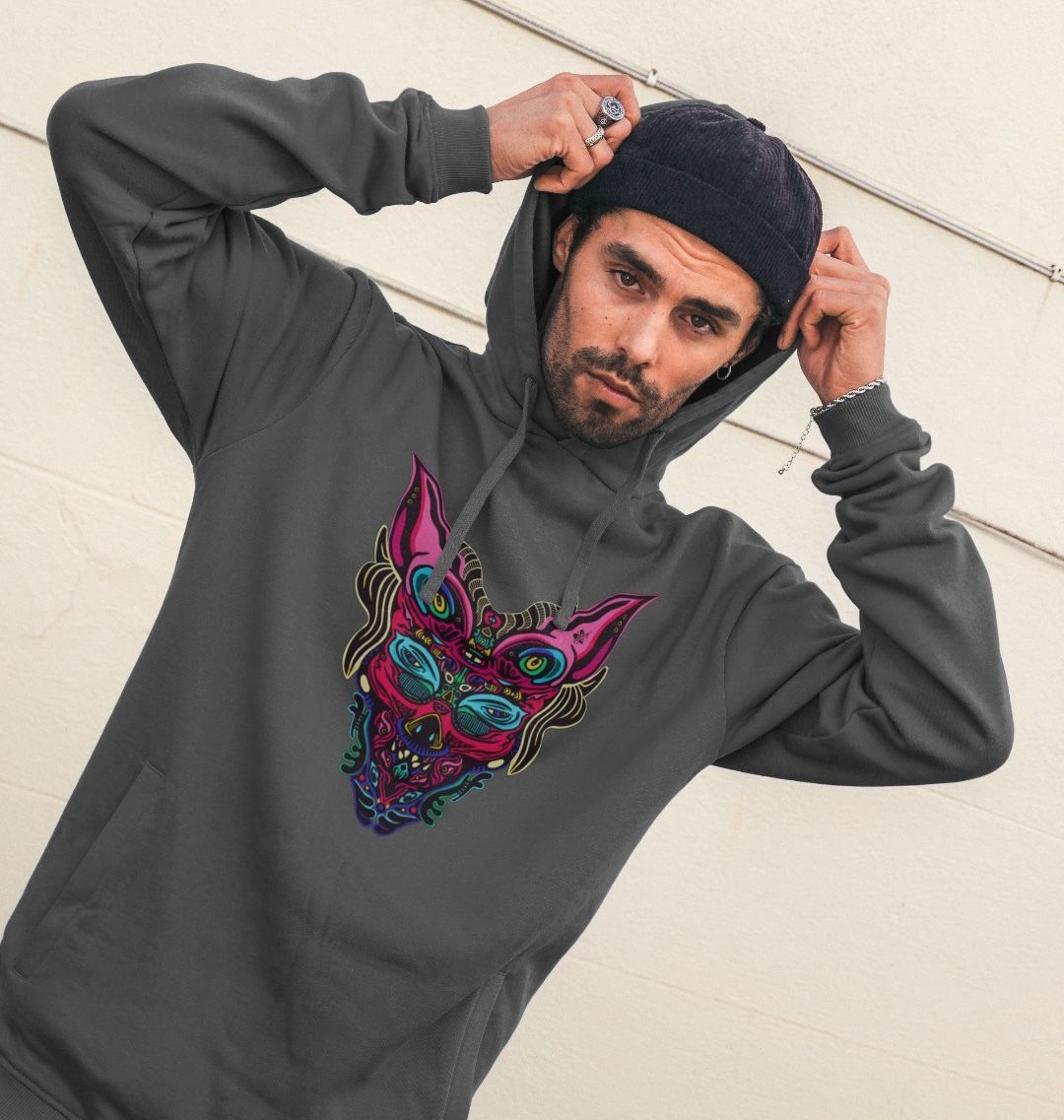 Organic Cotton Slate Grey Hoodie featuring Cyberpunk Dog Boy Pink by Fowl Plays - Sustainable Fashion and Art At Fowl Plays.