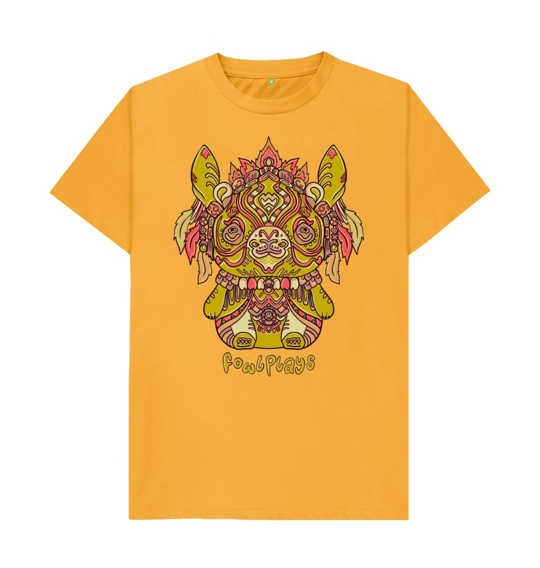 Organic Cotton Mustard T-shirt featuring a Bunny Bear Forest Spirit by Fowl Plays - Sustainable Fashion and Art At Fowl Plays.