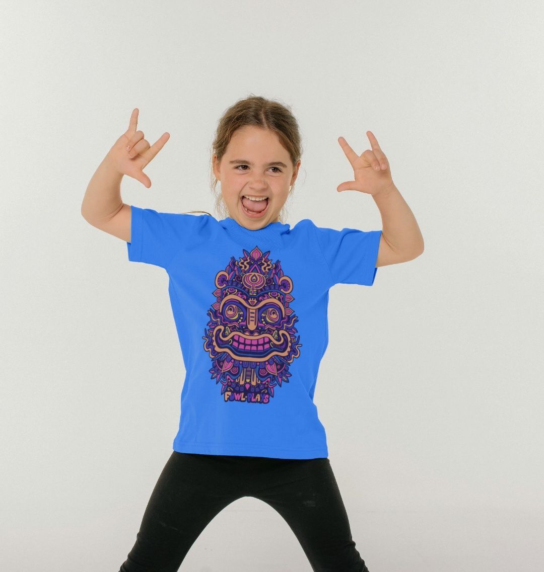 Organic Cotton Bright Blue Kids T-shirt featuring Smiling Mask Purple by Fowl Plays - Sustainable Fashion and Art At Fowl Plays