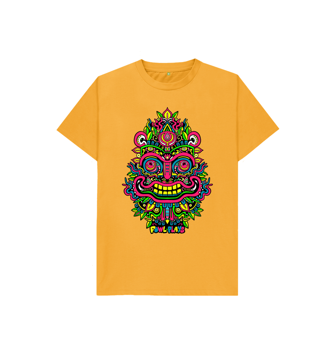 Organic Cotton Mustard Kids T-shirt featuring Smiling Mask Primary by Fowl Plays - Sustainable Fashion and Art At Fowl Plays