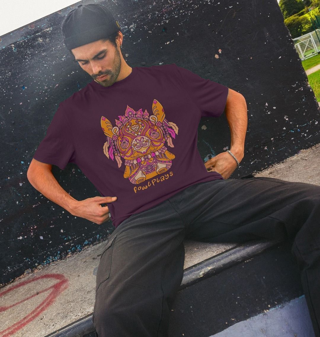 Organic Cotton Purple T-shirt featuring a Bunny Bear Forest Spirit by Fowl Plays - Sustainable Fashion and Art At Fowl Plays