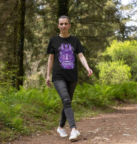 Organic Cotton Black T-shirt featuring Spirit of the Night Purple by Fowl Plays - Sustainable Fashion and Art At Fowl Plays