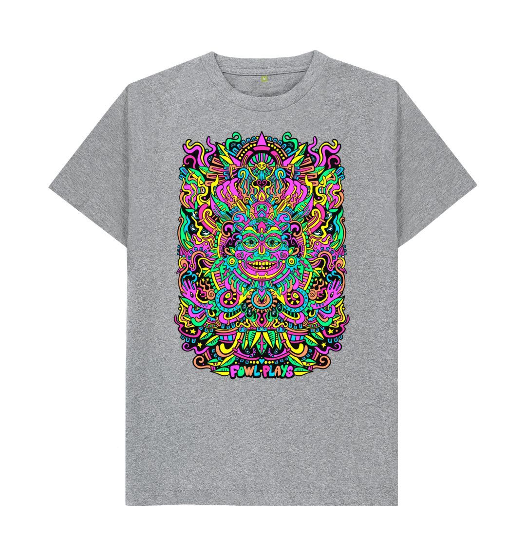 Organic Cotton Athletic Grey T-shirt featuring a Psychedelic Mask Bright Pastel Edition by Fowl Plays - Sustainable Fashion and Art At Fowl Plays