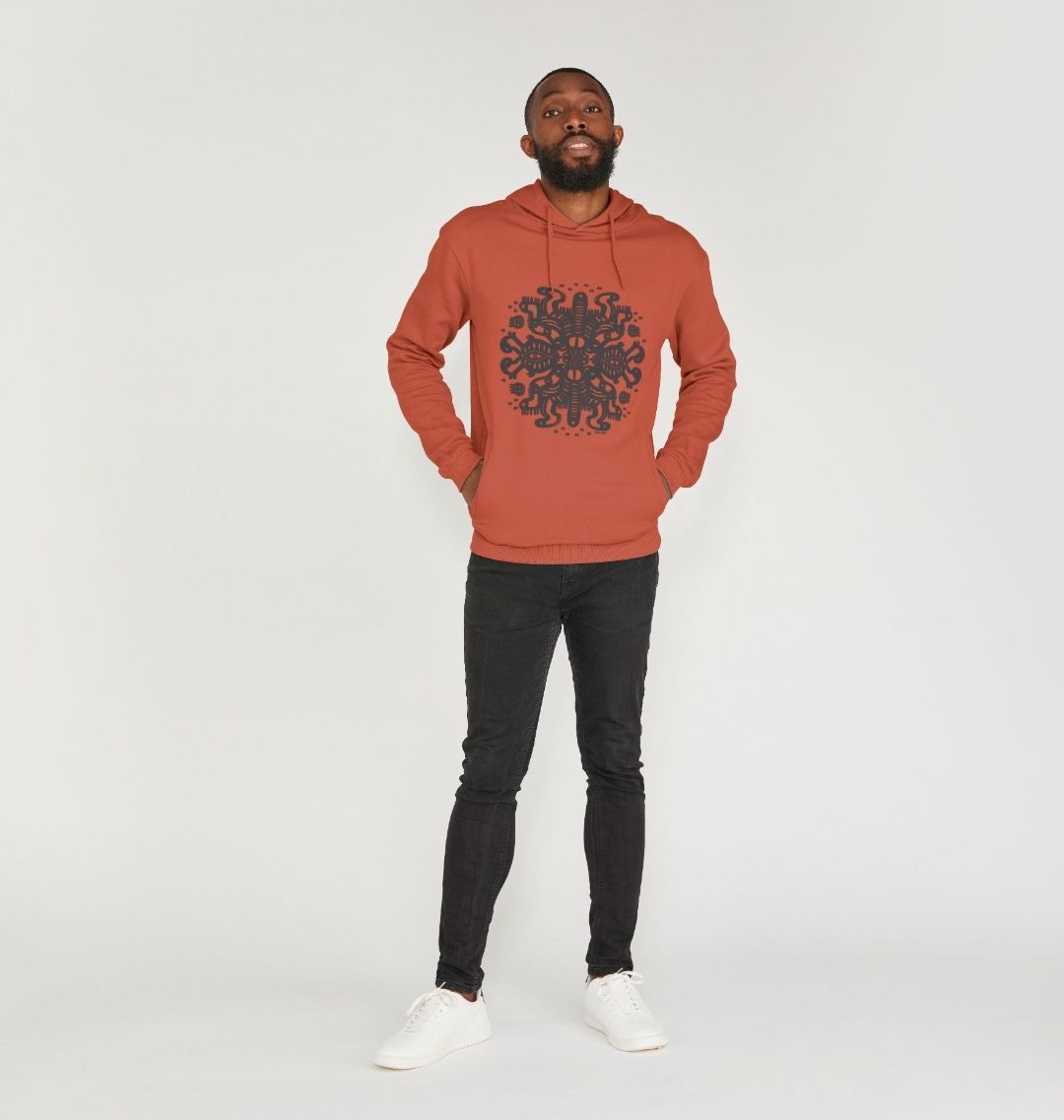 Organic Cotton Rust Hoodie featuring Squidmates by Fowl Plays - Sustainable Fashion and Art At Fowl Plays.