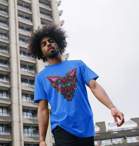 Organic Cotton Bright Blue T-shirt featuring Cyberpunk Dog Boy by Fowl Plays - Sustainable Fashion and Art At Fowl Plays