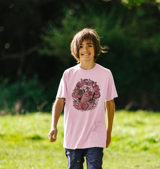 Organic Cotton Pink Kids T-shirt featuring Raveasaurus Rex Pink by Fowl Plays - Sustainable Fashion and Art At Fowl Plays