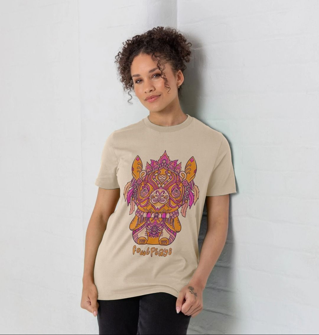 Organic Cotton Oat T-shirt featuring a Bunny Bear Forest Spirit by Fowl Plays - Sustainable Fashion and Art At Fowl Plays