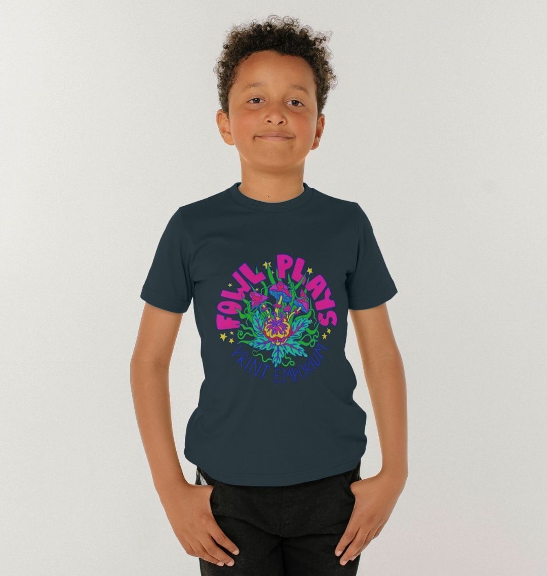 Fowl Plays Print Emporium Mushroom Delight by Fowl Plays on Denim Blue Kids Organic Cotton Unisex T-shirt Sustainable Fashion and Art At Fowl Plays