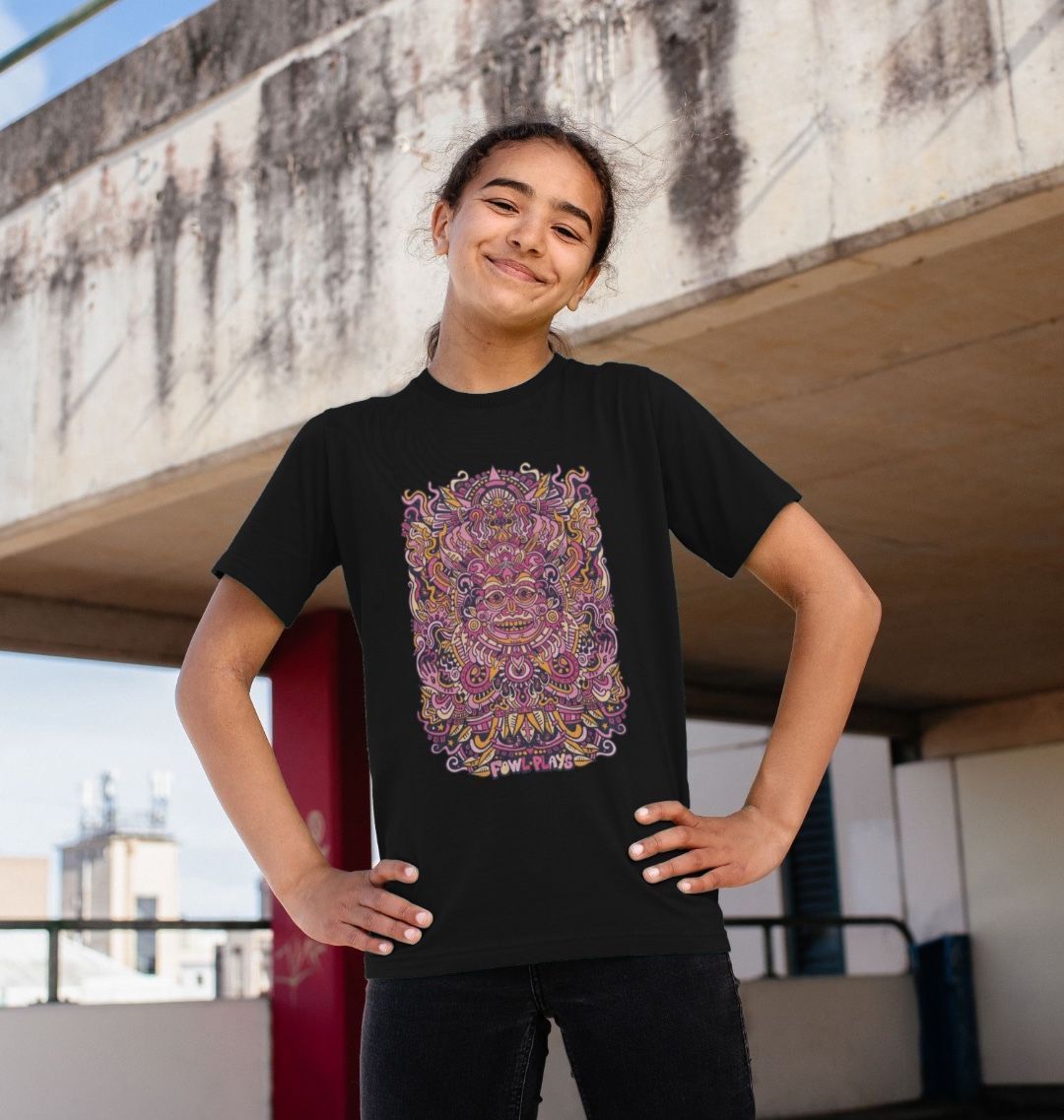 Organic Cotton Black Kids T-shirt featuring a Psychedelic Mask Red Edition by Fowl Plays - Sustainable Fashion and Art At Fowl Plays