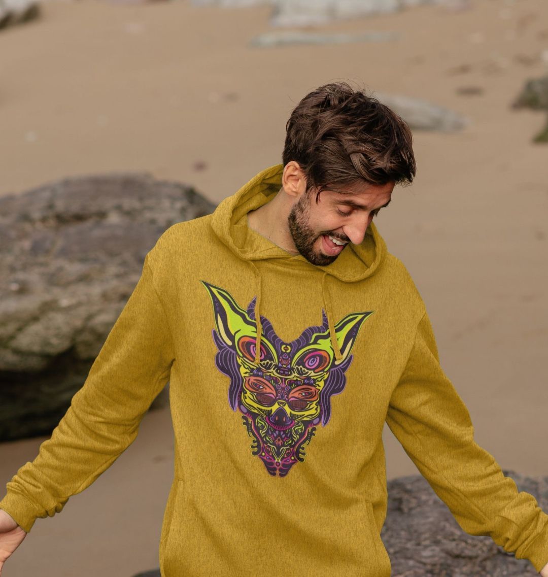 Organic Cotton Sunflower Yellow Recycled Hoodie featuring Cyberpunk Dog Boy Rave by Fowl Plays - Sustainable Fashion and Art At Fowl Plays.