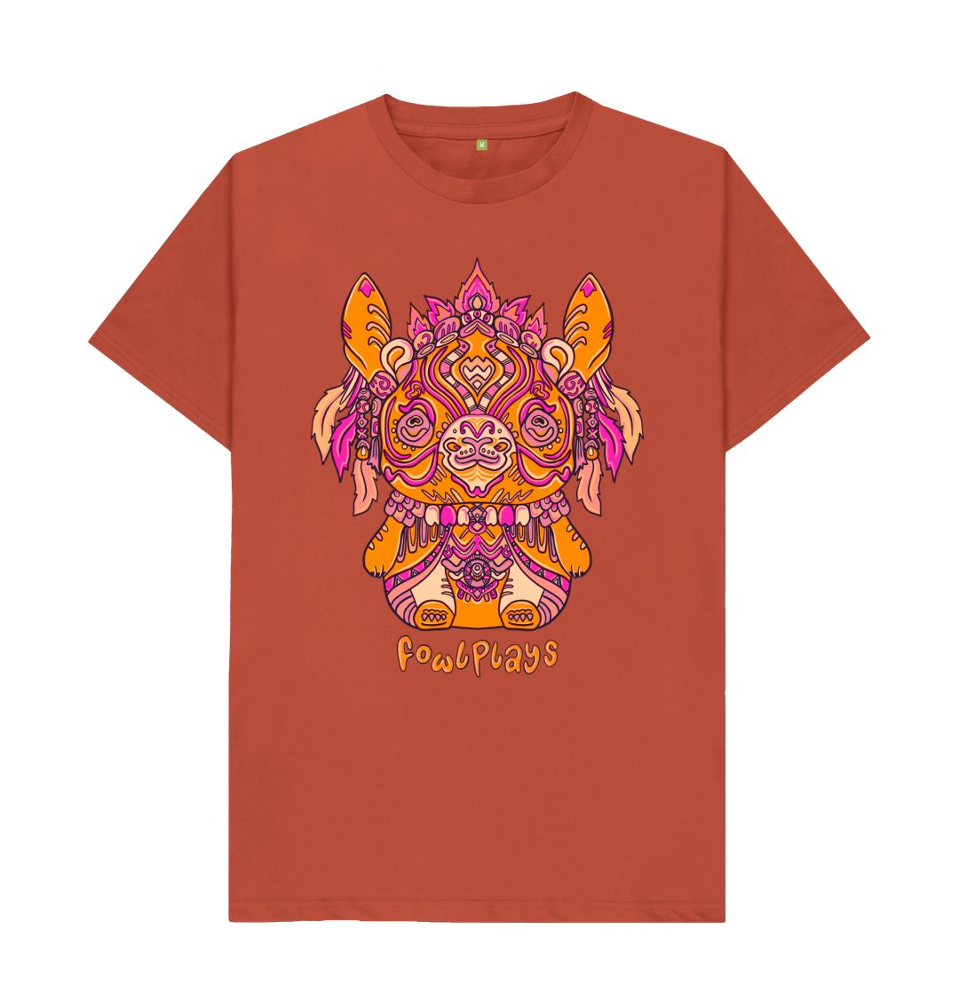 Organic Cotton Rust T-shirt featuring a Bunny Bear Forest Spirit by Fowl Plays - Sustainable Fashion and Art At Fowl Plays