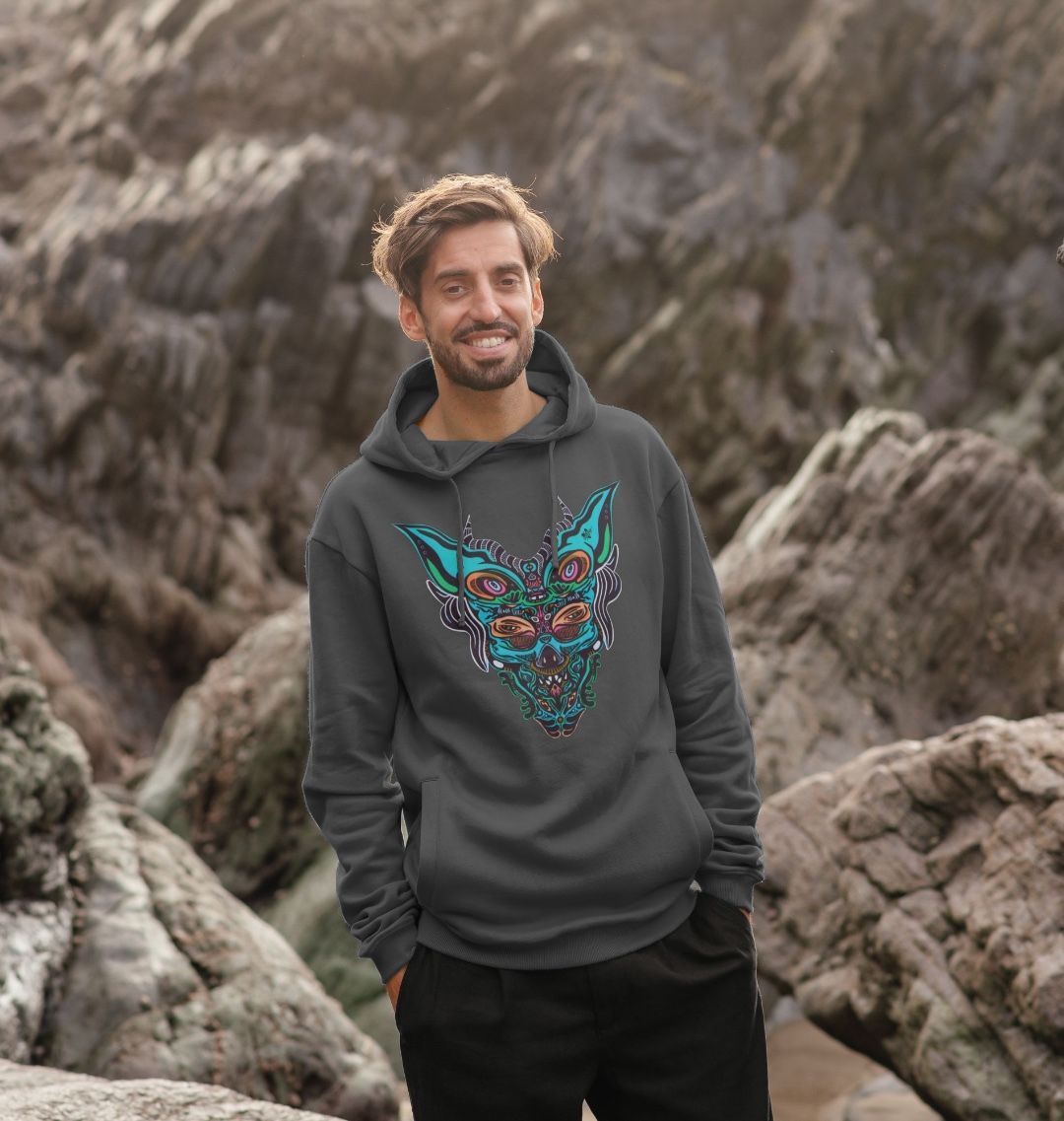 Organic Cotton Slate Grey Hoodie featuring Cyberpunk Dog Boy Blue by Fowl Plays - Sustainable Fashion and Art At Fowl Plays.